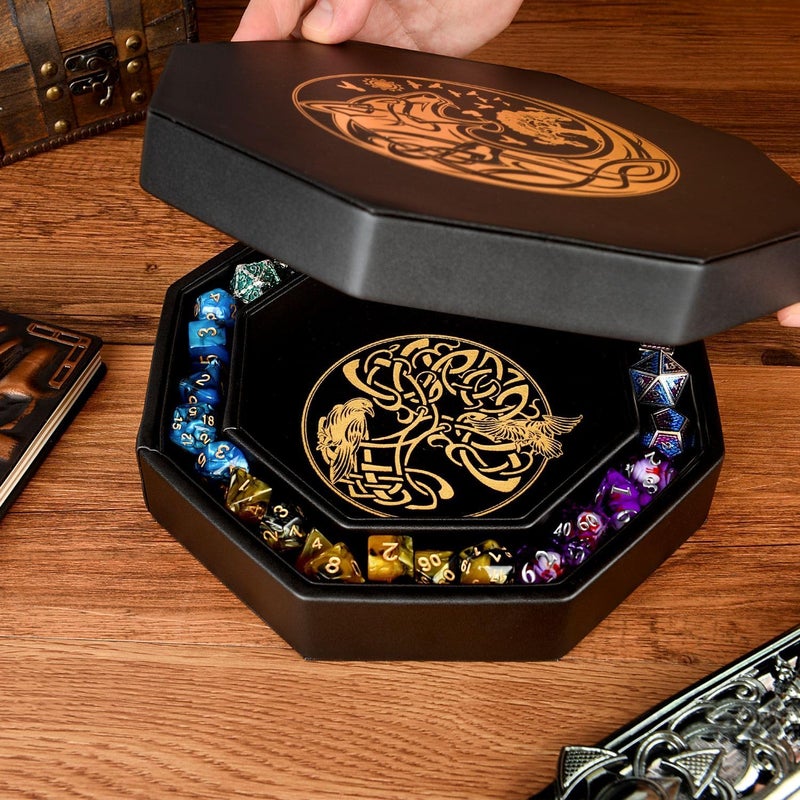 Soar Forge DND Dice Tray - Premium 9 Inch Tray for Dungeons and Dragons: Exquisitely Detailed Gold World Tree & Wolf Raven Design - Perfect Rolling & Box Storage to Protect Your Dice for D&D and RPG - Image 5